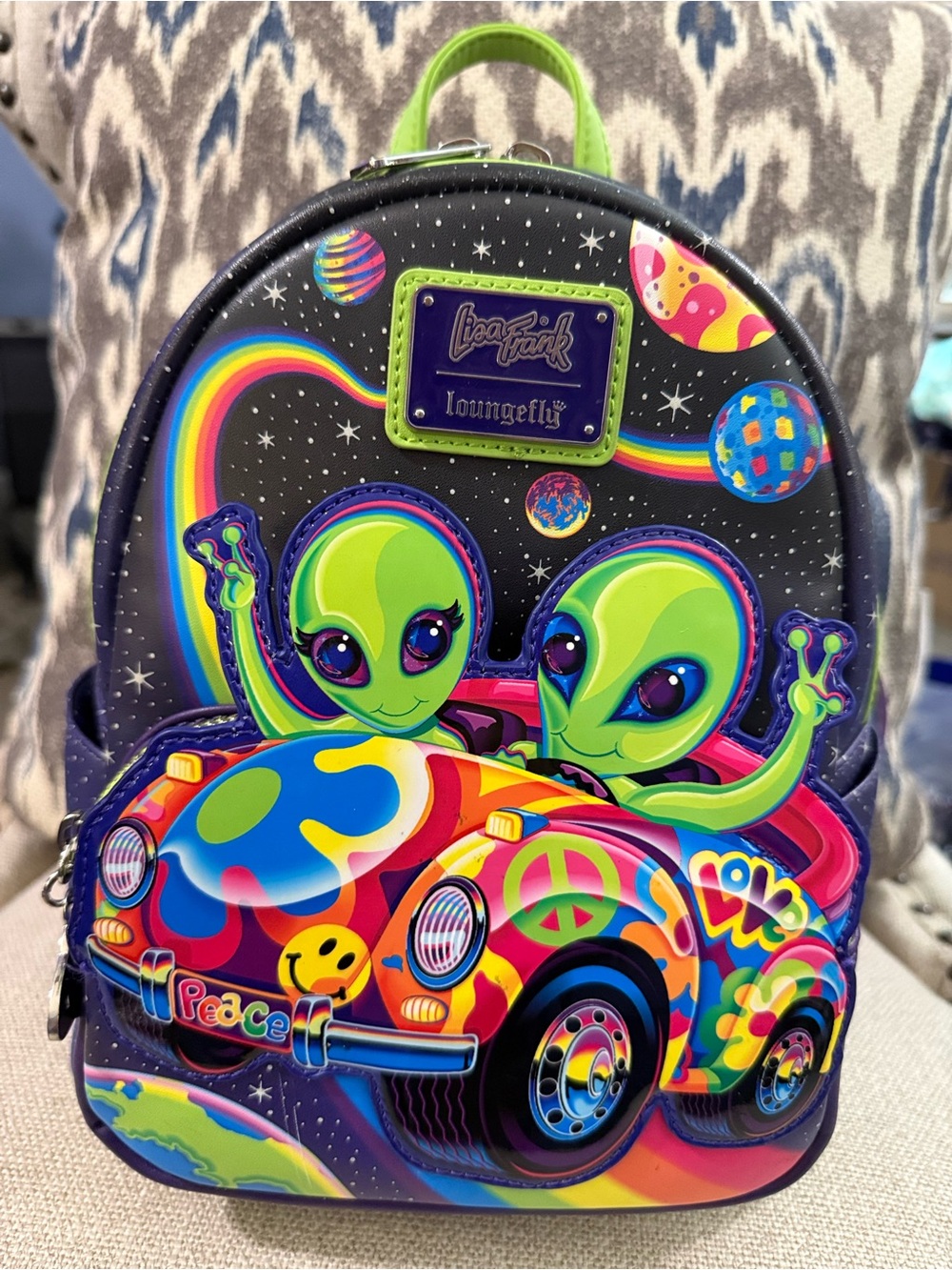 Rare Loungefly Lisa Frank Neon Alien Car Mini Backpack - Black, Green, Rainbow
